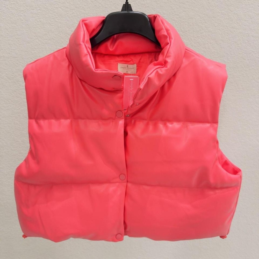 Simply Southern Faux Leather Puffer Vest Snap Front Pink Womens Size XL NWT
